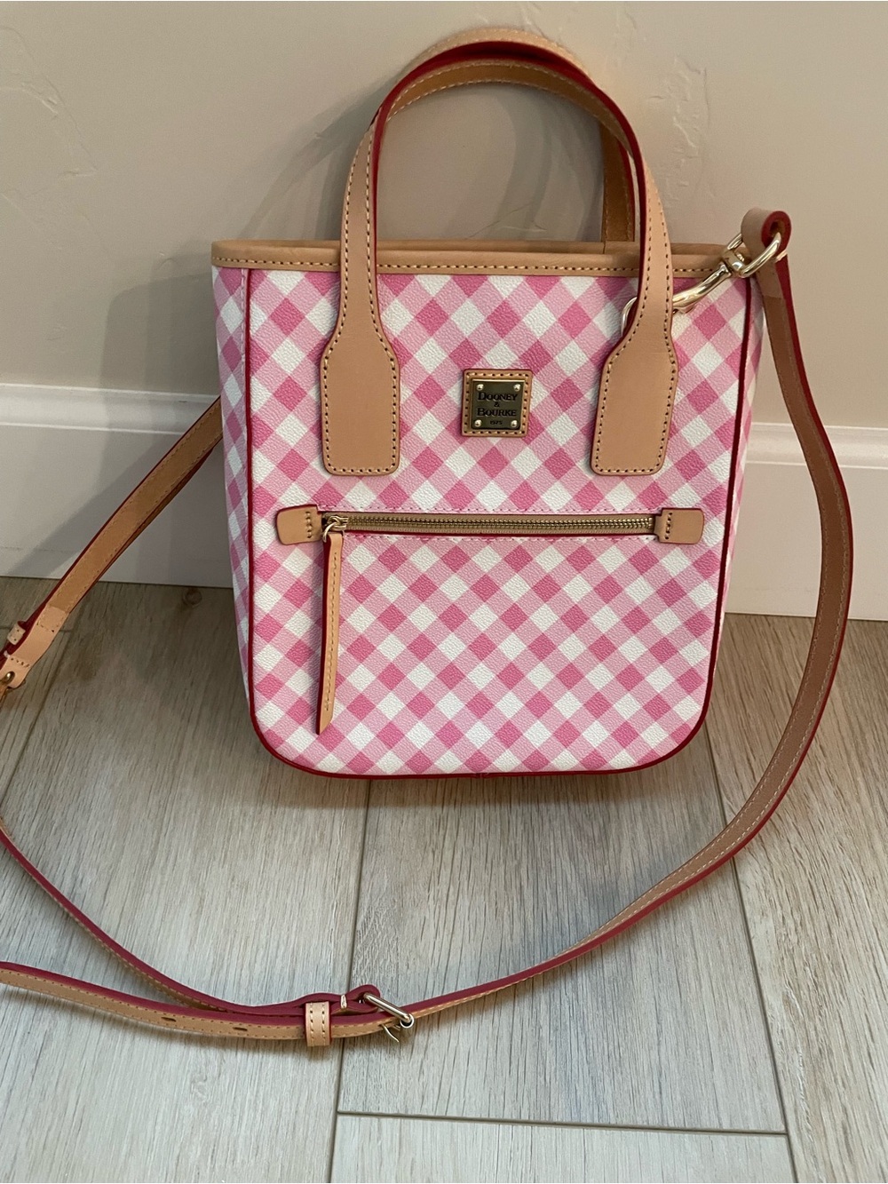 Dooney & Bourke Pink Gingham Crossbody with Tan Leather Trim